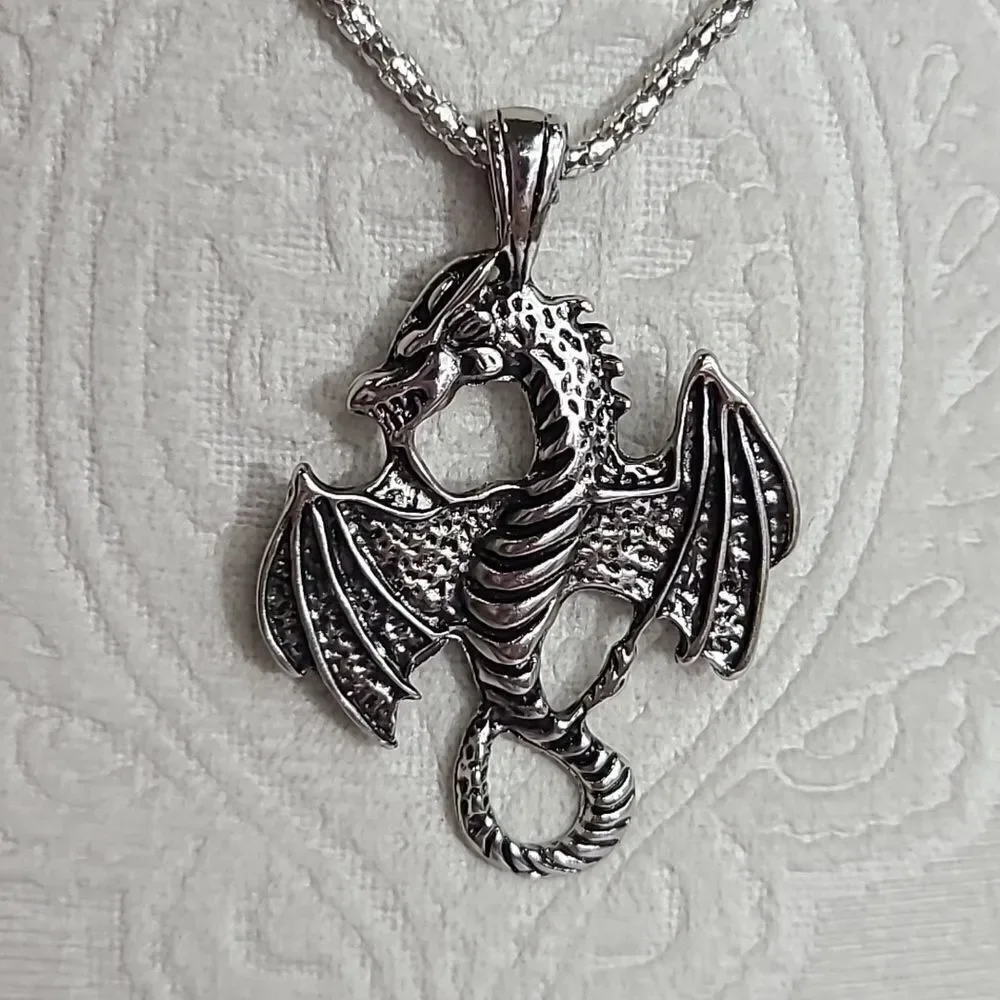 Winged Dragon Necklace Silver Zinc Alloy Pendant Men's Fashion Jewelry Chain